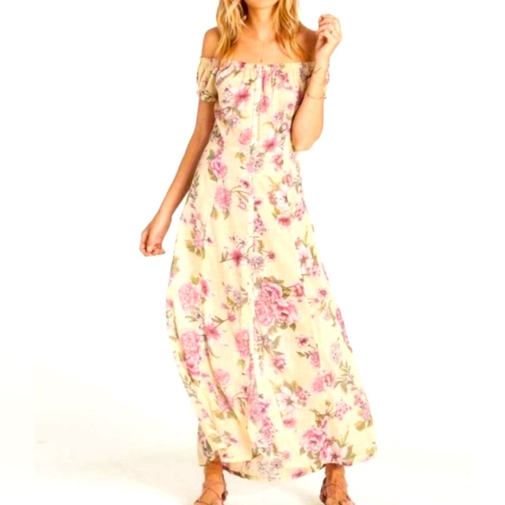 Billabong Yellow Floral Off the Shoulder Linger Here Maxi Dress size Medium